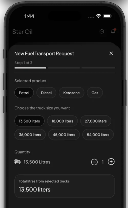 Fuel request creation screen
