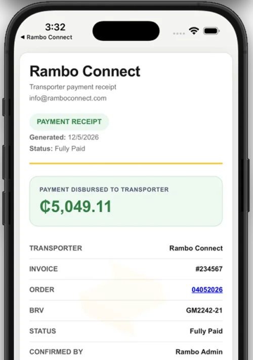 Transporter receipt screen