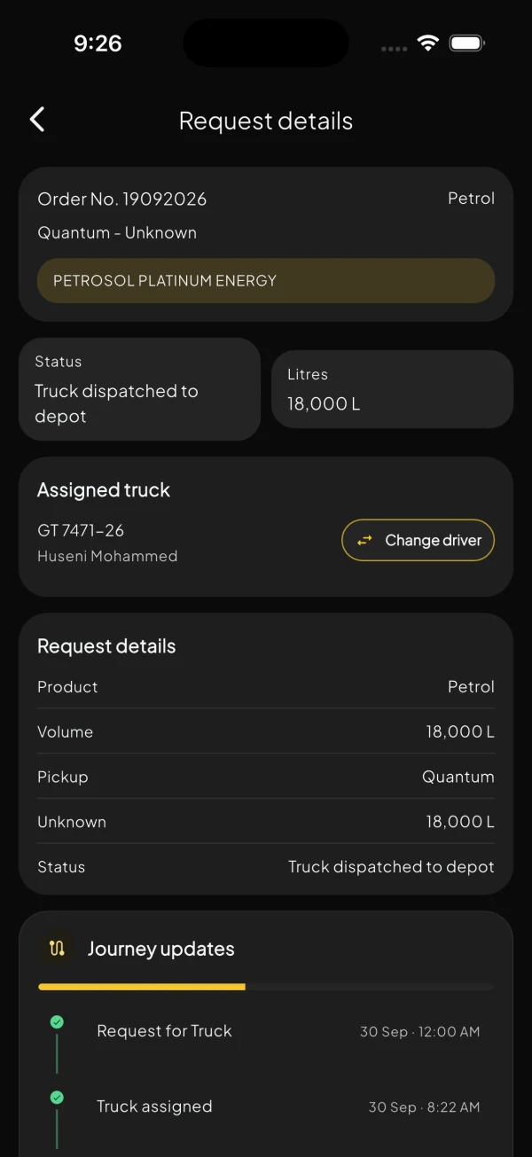Transporter dispatch status screen