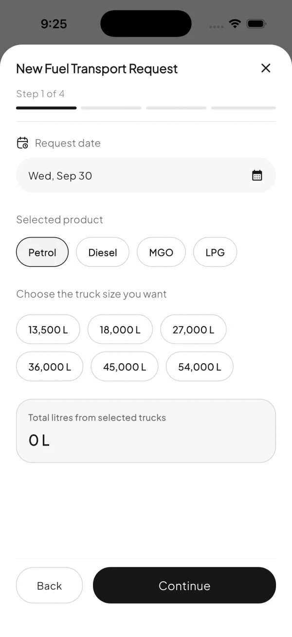 Fuel request creation screen