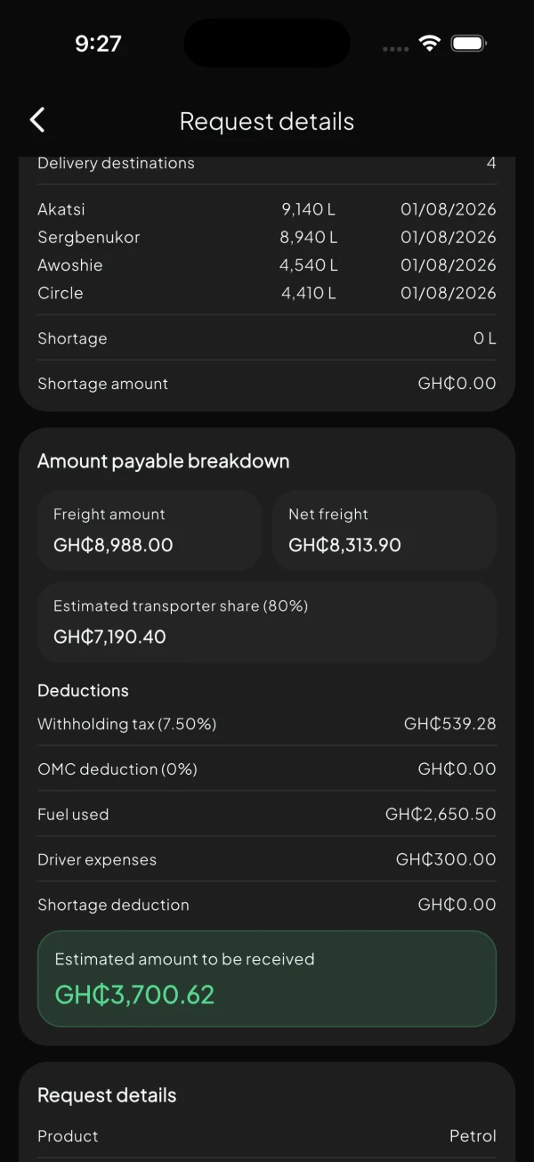 Transporter payment breakdown screen